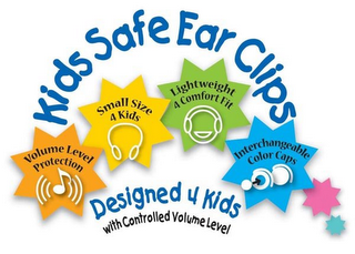 KIDS SAFE EAR CLIPS VOLUME LEVEL PROTECTION SMALL SIZE 4 KIDS LIGHTWEIGHT 4 COMFORT FIT INTERCHANGEABLE COLOR CAPS DESIGNED 4 KIDS WITH CONTROLLED VOLUME LEVEL logo
