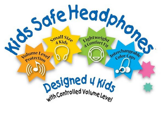 KIDS SAFE HEADPHONES VOLUME LEVEL PROTECTION SMALL SIZE 4 KIDS LIGHTWEIGHT 4 COMFORT INTERCHANGEABLE COLOR CAPS DESIGNED 4 KIDS WITH CONTROLLED VOLUME LEVEL logo