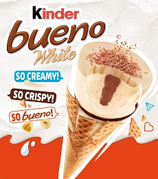 KINDER BUENO WHITE, SO CREAMY!, SO CRISPY!, SO BUENO! logo