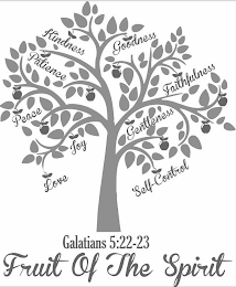 KINDNESS PATIENCE PEACE JOY LOVE GOODNESS FAITHFULNESS GENTLENESS SELF-CONTROL GALATIANS 5:22-23 FRUIT OF THE SPIRIT logo