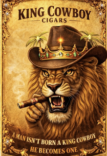 KING COWBOY CIGARS "A MAN ISN'T BORN A KING COWBOY HE BECOMES ONE" logo