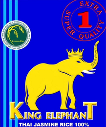 KING ELEPHANT THAI JASMINE RICE 100% SUPER EXTRA QUALITY 1 THAI HOM MALI RICE ORIGINATED IN THAILAND DEPARTMENT OF FOREIGN TRADE logo