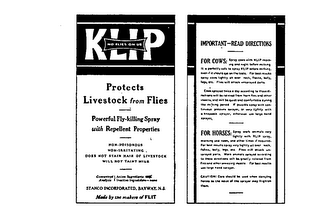 KLIP NO FLIES ON US PROTECTS LIVESTOCK FROM FLIES STANCO INCORPORATED, BAYWAY, N.J. logo