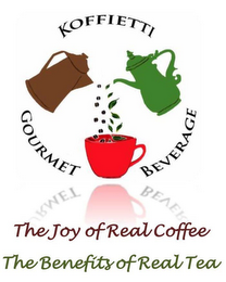 KOFFIIETTI GOURMET BEVERAGE THE JOY OF REAL COFFEE THE BENEFITS OF REAL TEA logo