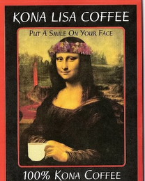 KONA LISA COFFEE 100% KONA COFFEE PUT A SMILE ON YOUR FACE logo