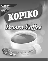 KOPIKO BROWN COFFEE JUST RIGHT BLEND COFFEE MIX TASTIER* WITH 10% MORE CONTENT logo