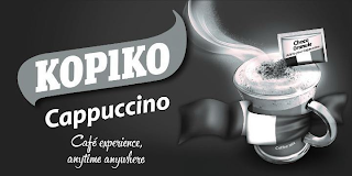 KOPIKO CAPPUCCINO CAFE EXPERIENCE, ANYTIME ANYWHERE CHOCO GRANULE ADD TO YOUR CAPPUCINO COFFEE MIX logo