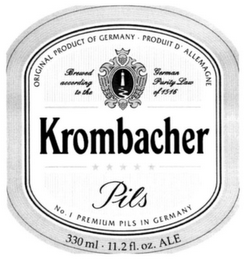 KROMBACHER PILS ORIGINAL PRODUCT OF GERMANY · PRODUIT D'ALLEMAGNE BREWED ACCORDING TO THE GERMAN PURITY LAW OF 1516 NO. 1 PREMIUM PILS IN GERMANY 330 ML · 11.2 FL. OZ. ALE logo