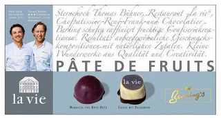 LA VIE, PÂTE DE FRUITS, BERNING'S, HASELNUSS CRUNCH, CASSIS MIT BALSAMICO, KARAMELLISIERTE PECANNUSS MIT BOURBONVANILLE; RENE FRANK PATISSIER DES JAHRES 2013 AND THOMAS BUHNER STERNEKOCH RESTAURANT "LA VIE"OSNABRUCK; STERNEKOCH THOMAS BÜHNER, RESTAURANT "LA VIE", CHEFPATISSIER RENÉ FRANK UND CHOCOLATIER BERNING SCHUFEN RAFFINIERTE PRALINÉKREATIONEN. RESULTAT: AUßERGEWÖHNLICHE GESCHMACKSKOMPOSITIONEN MIT NATÜRLICHEN ZUTATEN. KLEINE WUNDERWERKE AUS QUALITÄT UND CREATIVITÄT logo
