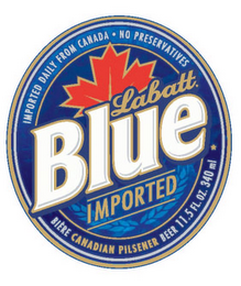 LABATT. BLUE IMPORTED DAILY FROM CANADA · NO PRESERVATIVES BIEÈRE CANADIAN PILSENER BEER logo
