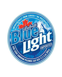 LABATT BLUE LIGHT IMPORTED DAILY FROM CANADA · NO PRESERVATIVES BIÉRE LÉGÉRE CANADIAN PILSENER LIGHT BEER logo