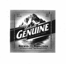LABATT GENUINE CRISP CLEAN TASTE BREWED TO PERFECTION NATURALLY AGED NO PRESERVATIVES 341 ML 5% A/C./VOL.  BEER BIERE logo