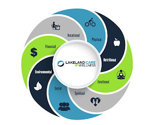 LAKELAND CARE WELLNESS VOCATIONAL PHYSICAL NUTRITIONAL EMOTIONAL SPIRITUAL SOCIAL ENVIRONMENTAL FINANCIAL logo