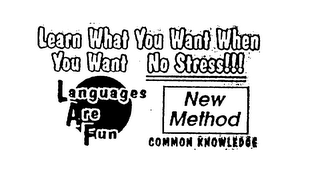 LANGUAGES ARE FUN COMMON KNOWLEDGE NEW METHOD LEARN WHAT YOU WANT WHEN YOU WANT NO STRESS!!! logo