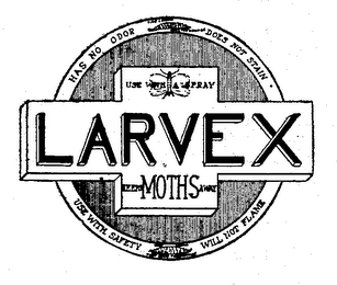 LARVEX USE WITH A SPRAY KEEPS MOTHS AWAY HAS NO ODOR DOES NOT STAIN USE WITH SAFETY WILL NOT FLAME. logo