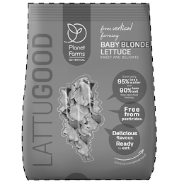 LATTUGOOD, PLANET FARMS GO VERTICAL, FROM VERTICAL FARMING, BABY BLONDE LETTUCE, SWEET AND DELICATE, GROWN USING 95% LESS WATER AND 90% LESS SOIL THAN OPEN-FIELD FARMING. FREE FROM PESTICIDES. DELICIOUS FLAVOUR. READY TO EAT. TO FIND OUT MORE, TURN ME ROUND logo