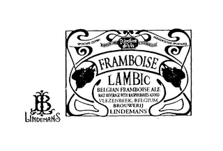LB LINDEMANS FRAMBOISE LAMBIC SPONTANE GISTING MERCHANT DU VIN FERMENTATION SPONTANEE BELGIAN FRAMBOISE ALE MALT BEVERAGE WITH RASPBERRIES ADDED VLEZENBEEK BELGIUM BROUWERIJ logo