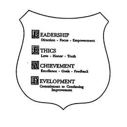 LEAD LEADERSHIP DIRECTION - FOCUS - EMPOWERMENT ETHICS LOVE - HONOR - TRUTH ACHIEVEMENT EXCELLENCE - GOALS - FEEDBACK DEVELOPMENT COMMITMENT TO CONTINUING IMPROVEMENT logo