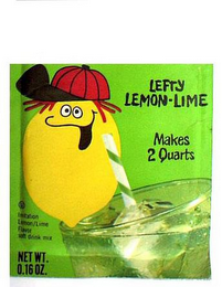 LEFTY LEMON · LIME MAKES 2 QUARTS IMITATION LEMON/LIME FLAVOR SOFT DRINK MIX NET WT. 0.16 OZ. logo