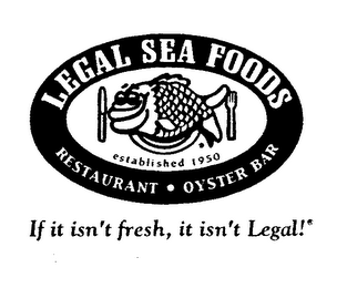 LEGAL SEA FOODS ESTABLISHED 1950 RESTAURANT OYSTER BAR IF IT ISN'T FRESH, IT ISN'T LEGAL logo