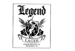 LEGEND LAGER LEGEND BREWING CO. RICHMOND, VA logo