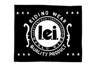L.E.I. LIFE ENERGY INTELLIGENCE WORLD WIDE RIDING WEAR QUALITY PRODUCT logo