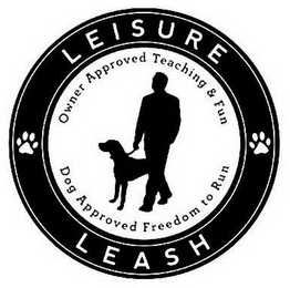 LEISURE LEASH OWNER APPROVED TEACHING & FUN DOG APPROVED FREEDOM TO RUN logo