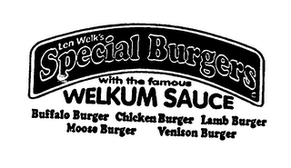 LEN WELK'S SPECIAL BURGERS WITH THE FAMOUS WELKUM SAUCE BUFFALO BURGER CHICKEN BURGER LAMB BURGER MOOSE BURGER VENISON BURGER logo