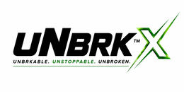 LETTERS UNBRK IN BLACK WITH A BIGGER "N". A METALLIC GREEN CUSTOMIZED "X" LETTER TO THE RIGHT. SMALL "TM" LETTERS AFTER UNBRK TO IDENTIFY IT IS A TRADEMARK. A SLOGAN WITH UNDERLINE BELOW UNBRK THAT SAYS: "UNBRKABLE. UNSTOPPABLE. UNBROKEN." UNSTOPPABLE IN METALLIC GREEN. logo