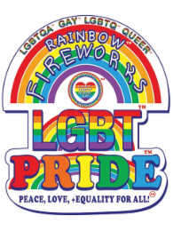 LGBTQA GAY LGBTQ QUEER RAINBOW FIREWORKS LGBT LBGTQ QUEER GAY LGBT PRIDE PEACE, LOVE, + EQUALITY FOR ALL! logo