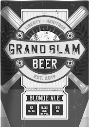 LIBERTY · HERITAGE GRAND SLAM BEER EST.2019 BLONDE ALE 12 FL. OZ. 5.3% ALC. BY VOL. 53 IBU logo