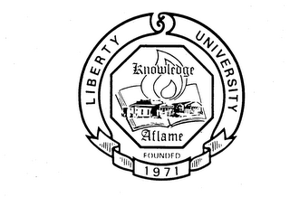LIBERTY UNIVERSITY KNOWLEDGE AFLAME FOUNDED 1971 logo