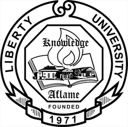 LIBERTY UNIVERSITY KNOWLEDGE AFLAME FOUNDED 1971 logo