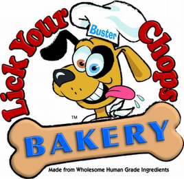 LICK YOUR CHOPS BAKERY MADE FROM WHOLESOME HUMAN GRADE INGREDIENTS BUSTER logo
