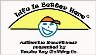 LIFE IS BETTER HERE AUTHENTIC RESORTWEAR PRESENTED BY HAWKS BAY CLOTHING CO. logo