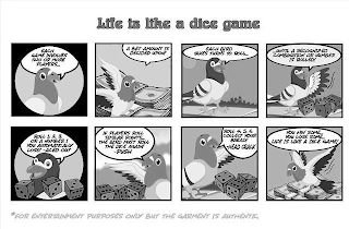 LIFE IS LIKE A DICE GAME EACH GAME INVOLVES TWO OR MORE PLAYERS. A BET AMOUNT IS DECIDED UPON! EACH BIRD TAKES TURNS TO ROLL. . UNTIL A RECOGNIZED COMBINATION OR NUMBER IS ROLLED! ROLL 1, 2, 3, OR A NUMBER 1 YOU AUTOMATICALLY LOSE! - ACED OUT IF PLAYERS ROLL SIMILAR POINTS. THE BIRD MUST ROLL THE DICE AGAIN! -PUSH ROLL 4, 5, 6, COLLECT YOUR BREAD! -HEAD CRACK YOU WIN SOME. YOU LOSE SOME. LIFE IS LIKE A DICE GAME! *FOR ENTERTAINMENT PURPOSES ONLY BUT THE GARMENT IS AUTHENTIC logo