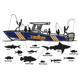 LINEBREAKER; TARPON, YELLOWTAIL SNAPPER, SHARK, PERMIT, COBIA, MANGROVE SNAPPER; RED/GAG GROUPER; BLACK GROUPER; GOLIATH GROUPER, MUTTON SNAPPER; BARRACUDA; KING FISH logo