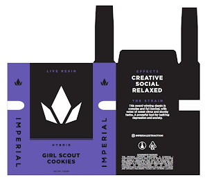 "LIVE RESIN", "HYBRID", "GIRL SCOUT COOKIES", "NET WT. 1 GRAM", "IMPERIAL", "EFFECTS", "CREATIVE", "SOCIAL", "RELAXED", "THE STRAIN", "THIS AWARD WINNING CLASSIC IS COMPLEX AND FULL-BODIED, WITH NOTES OF SWEET CITRUS AND SKUNKY HERBS. A POWERFUL TOOK FOR BATTLING DEPRESSION AND ANXIETY.", "IMPERIAL EXTRACTION", "ALWAYS LAB TESTED", "CA", GOVERNMENT WARNING: THIS PACKAGE CONTAINS MARIJUNA, A SCHEDULE I CONTROLLED SUBSTANCE. KEEP OUT OF REACH OF CHILDREN AND ANIMALS. MARIJUANA MAY ONLY BE POSSESSED OR CONSUMED BY PERSONS 21 YEARS OF AGE OR OLDER UNLESS THE PERSON IS A QUALIFIED PATIENT. MARIJUNA USE WHILE PREGNANT OR BREASTFEEDING MAY BE HARMFUL. CONSUMPTION OF MARIJUANA IMPAIRS YOUR ABILITY TO DRIVE AND OPERATE MACHINERY. PLEASE USE EXTREME CAUTION." logo