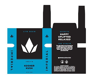 "LIVE RESIN", "INDICA", "KOSHER KUSH", "NET WT. 1 GRAM", "IMPERIAL", "EFFECTS", "HAPPY UPLIFTED RELAXED", "THE STRAIN", "THE ONLY STRAIN TO BE BLESSED BY A RABBI AND WIN BEST CANNABIS STRAIN IN 2011. PINEY, EARTH AND SWEET, THIS WILL LEAVE YOU PAIN AND STRESS FREE.", "IMPERIAL EXTRACTION", "ALWAYS LAB TESTED", "CA", GOVERNMENT WARNING: THIS PACKAGE CONTAINS MARIJUNA, A SCHEDULE I CONTROLLED SUBSTANCE. KEEP OUT OF REACH OF CHILDREN AND ANIMALS. MARIJUANA MAY ONLY BE POSSESSED OR CONSUMED BY PERSONS 21 YEARS OF AGE OR OLDER UNLESS THE PERSON IS A QUALIFIED PATIENT. MARIJUNA USE WHILE PREGNANT OR BREASTFEEDING MAY BE HARMFUL. CONSUMPTION OF MARIJUANA IMPAIRS YOUR ABILITY TO DRIVE AND OPERATE MACHINERY. PLEASE USE EXTREME CAUTION." logo
