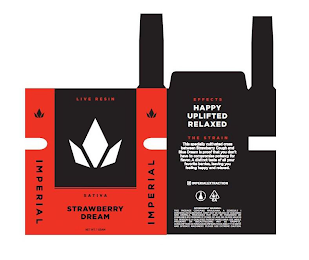LIVE RESIN SATIVA STRAWBERRY DREAM NET WT. 1 GRAM IMPERIAL, EFFECTS HAPPY UPLIFTED RELAXED THE STRAIN THIS SPECIALLY CULTIVATED CROSS BETWEEN STRAWBERRY COUGH AND BLUE DREAM IS PROOF THAT YOU DON'T HAVE TO COMPROMISE POTENCY FOR FLAVOR. A DISTINCT TASTE OF ALL YOUR FAVORITE BERRIES, LEAVING YOU FEELING HAPPY AND RELAXED IMPERIALEXTRACTION ALWAYS LAB TESTED CA GOVERNMENT WARNING: THIS PACKAGE CONTAINS MARIJUANA, A SCHEDULE I CONTROLLED SUBSTANCE. KEEP OUT OF REACH OF CHILDREN AND ANIMALS. MARIJUANA MAY ONLY BE POSSESSED OR CONSUMED BY PERSONS 21 YEARS OF AGE OR OLDER UNLESS THE PERSON IS A QUALIFIED PATIENT. MARIJUANA USE WHILE PREGNANT OR BREASTFEEDING MAY BE HARMFUL. CONSUMPTION OF MARIJUANA IMPAIRS YOUR ABILITY TO DRIVE AND OPERATE MACHINERY. PLEASE USE EXTREME CAUTION. logo