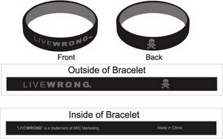 LIVEWRONG FRONT BACK OUTSIDE OF BRACELET LIVEWRONG INSIDE OF BRACELET "LIVEWRONG" IS A TRADEMARK OF ARC MARKETING MADE IN CHINA logo