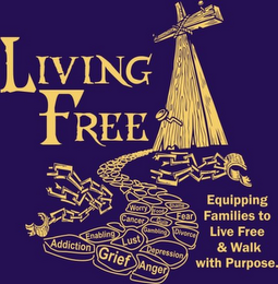 LIVING FREE, EQUIPPING FAMILIES TO LIVE FREE & WALK WITH PURPOSE. ADDICTION GRIEF ANGER ENABLING LUST DEPRESSION CANCER GAMBLING DIVORCE GUILT WORRY FOOD FEAR SHAME logo