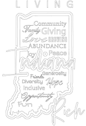 LIVING INDIANA RICH COMMUNITY FAMILY GIVING LOVE GROWING ABUNDANCE PEACE JOY FRIENDS GENEROSITY DIVERSITY INCLUSIVE HOPE OPPORTUNITY FUN logo