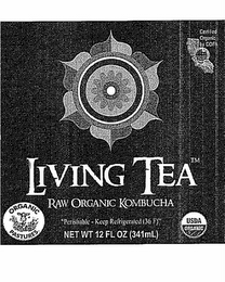 LIVING TEA RAW ORGANIC KOMBUCHA ORGANIC PASTURES "PERISHABLE - KEEP REFRIGERATED (36 F)" NET WT 12 FL OZ (341 ML) USDA ORGANIC CERTIFIED ORGANIC BY COFA logo
