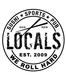 LOCALS EST. 2009 32.8 N 79.9 W SUSHI SPORTS PUB WE ROLL HARD logo