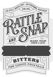 LOG STILL DISTILLERY GETHSEMANE, KENTUCKY 1836 RATTLE AND SNAP MAKE YOUR OWN LUCK BITTERS FOR CHOICE COCKTAILS logo
