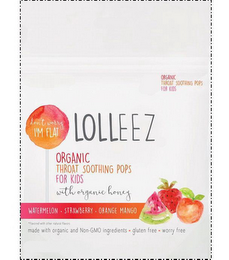 LOLLEEZ DON'T WORRY I'M FLAT ORGANIC THROAT SOOTHING POPS FOR KIDS WITH ORGANIC HONEY WATERMELON STRAWBERRY ORANGE MANGO MADE WITH ORGANIC AND NON-GMO INGREDIENTS · GLUTEN FREE · WORRY FREE logo