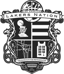 LOS ANGELES LAKERS NATION THE GAME IS IN THE REFRIGERATOR 13 22 25 32 33 42 44 EST. 2009 logo
