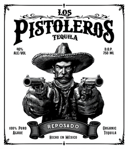 LOS PISTOLEROS TEQUILA 40% ALC/VOL D.O.P. 750 ML 100% PURO AGAVE REPOSADO HECHO EN MÉXICO ORGANIC TEQUILA logo