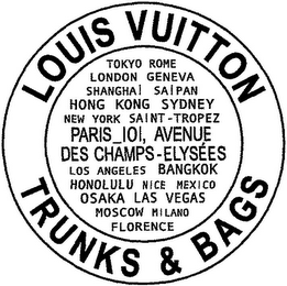 LOUIS VUITTON TRUNKS & BAGS TOKYO ROME LONDON GENEVA SHANGHAI SAIPAN HONG KONG SYDNEY NEW YORK SAINT - TROPEZ PARIS_101, AVENUE DES CHAMPS - ELYSEES LOS ANGELES BANGKOK HONOLULU NICE MEXICO OSAKA LAS VEGAS MOSCOW MILANO FLORENCE logo